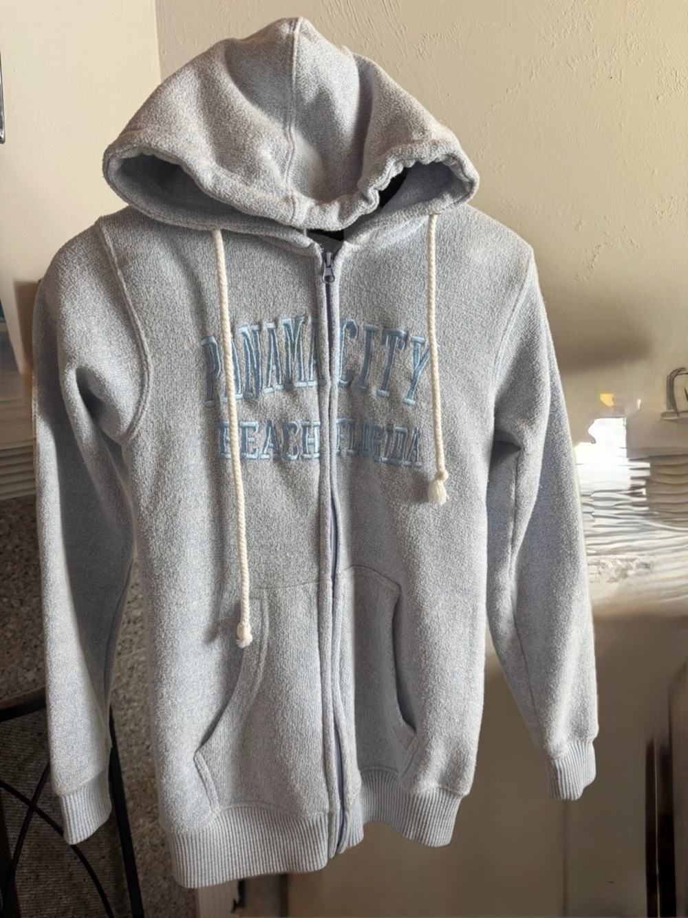 Light Gray Zip-Up Hoodie with Hood and Drawstrings